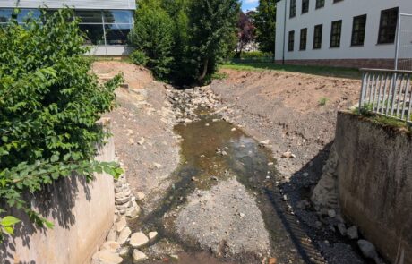 Riedbach – Schwimmbad nachher – naturnahe Sohlgleite, flachere Ufer Riedbach - Schwimmbad nachher - naturnahe Sohlgleite, flachere Ufer