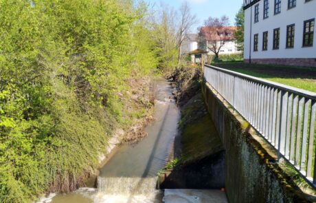 Riedbach – Schwimmbad vorher – hoher Absturz, befestigte Sohle und Ufer Riedbach - Schwimmbad vorher - hoher Absturz, befestigte Sohle und Ufer